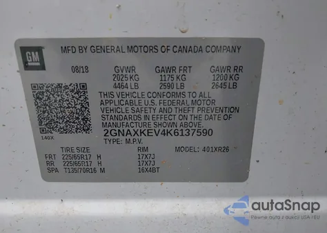 2019 Chevrolet Equinox Lt из США, поврежденный, VIN 2GNAXKEV4K6137590